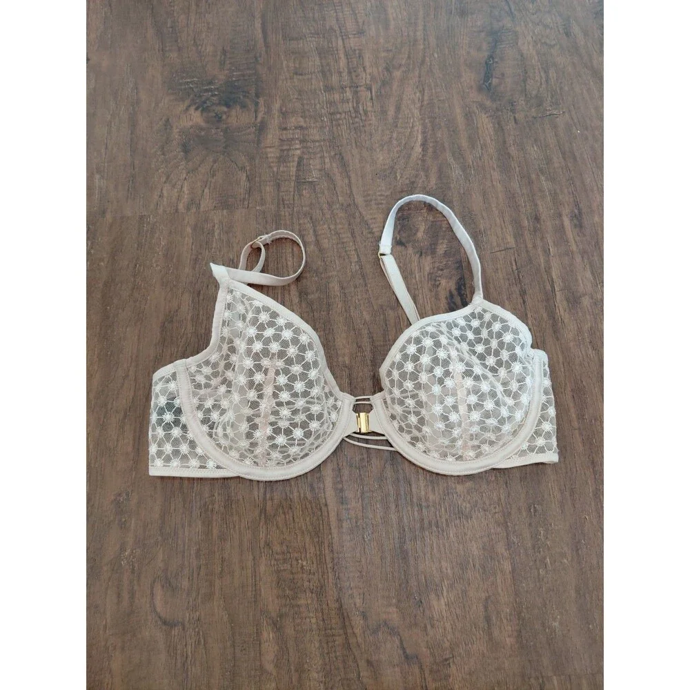 Victorias Secret Demi Bra Front Close Sz 32D Sexy Luxe Nude Lingerie Starburst